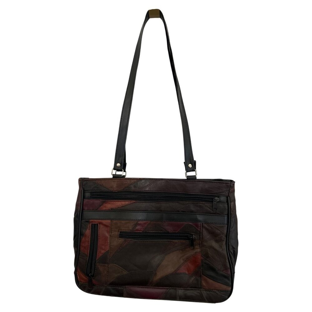 Vintage Brown Patchwork Leather Shoulder Bag With Multiple Zipper Pockets
